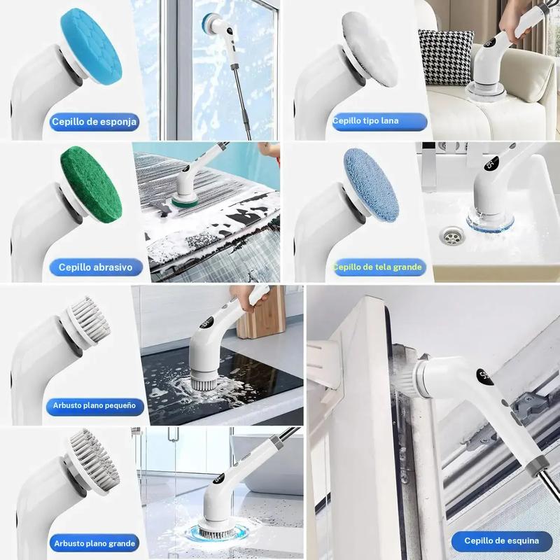 Cepillo eléctrico giratorio duradero con pantalla LED, 1 juego de cepillo eléctrico giratorio recargable por USB con 7 cabezales de cepillo intercambiables, herramienta de limpieza del hogar para baño, suelo, coche y azulejos